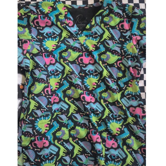 Lot of 2 Womens Scrub Tops Halloween Ghosts & Neon Dinosaurs Size Medium - Picture 2 of 4